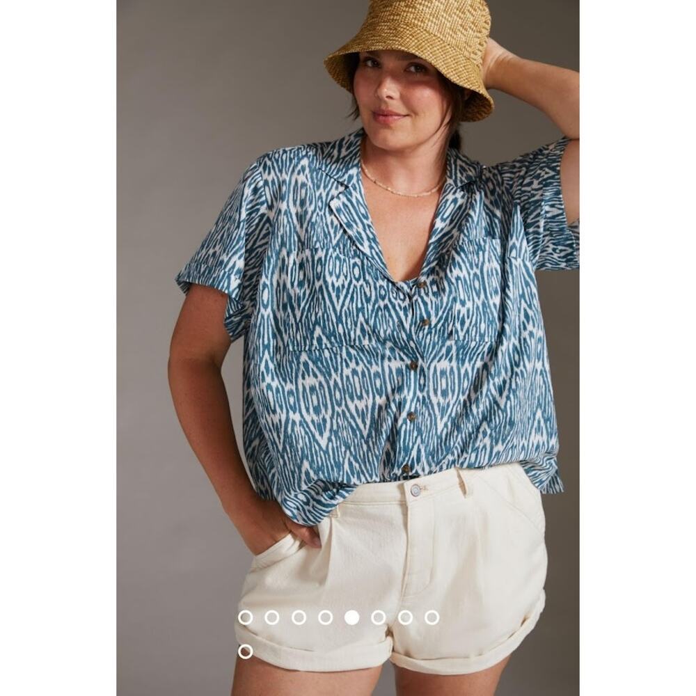 Anthropologie Pilcro Small Printed Voile Surf Button Front Shirt in Blue Ikat M